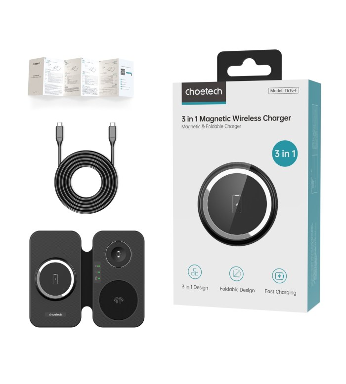 choetech t616 f bk 3in1 magnetic foldable wireless charger black