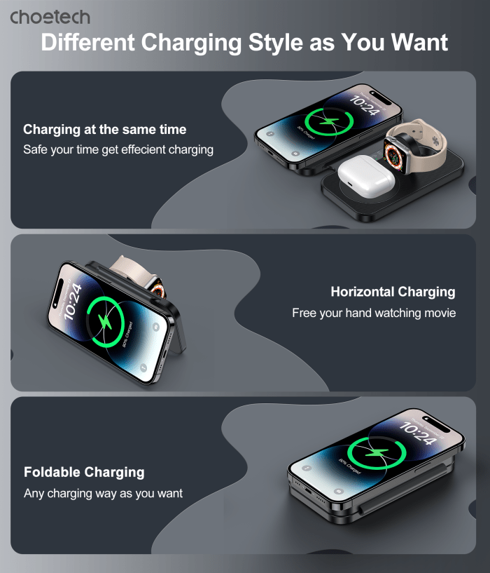 choetech t616 f bk 3in1 magnetic foldable wireless charger black