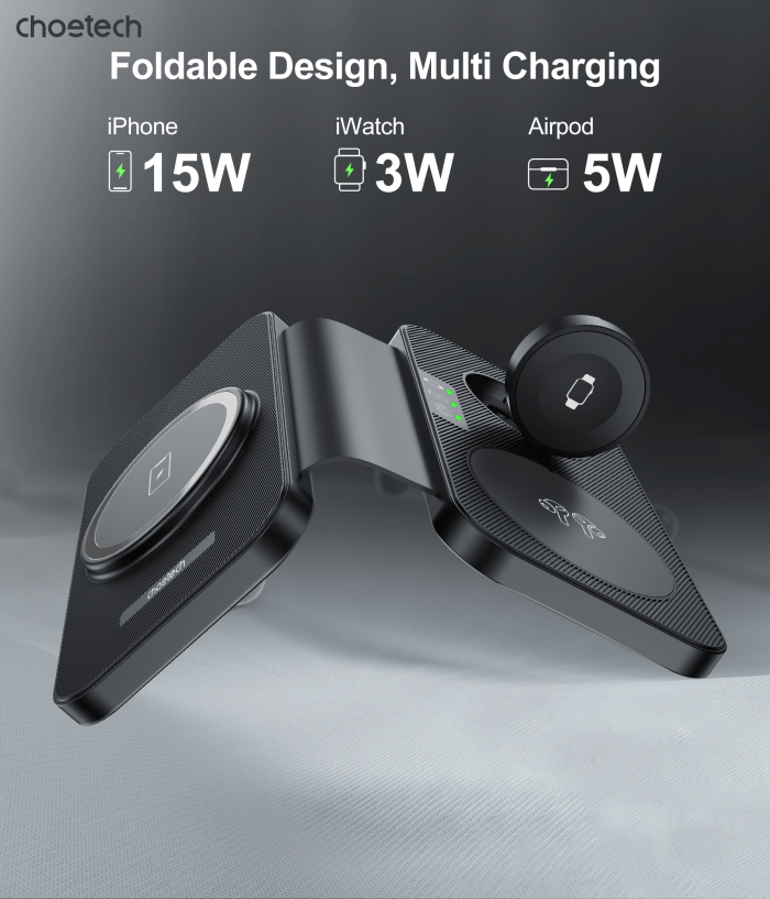 choetech t616 f bk 3in1 magnetic foldable wireless charger black