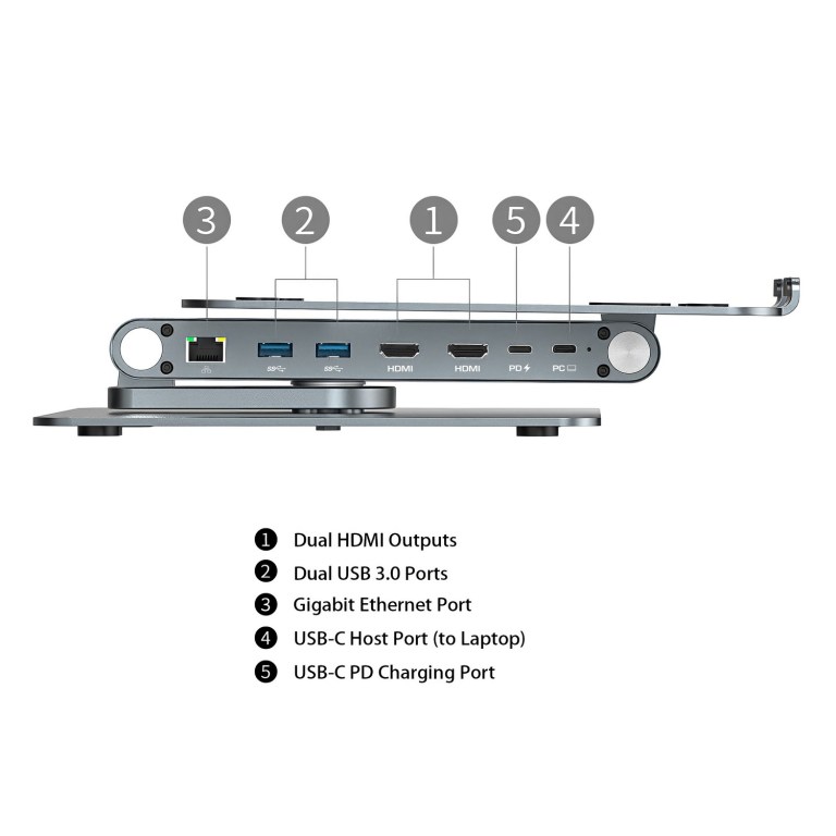 simplecom cht660 adjustable aluminium laptop stand with 6 port usb c docking station dual 4k hdmi display