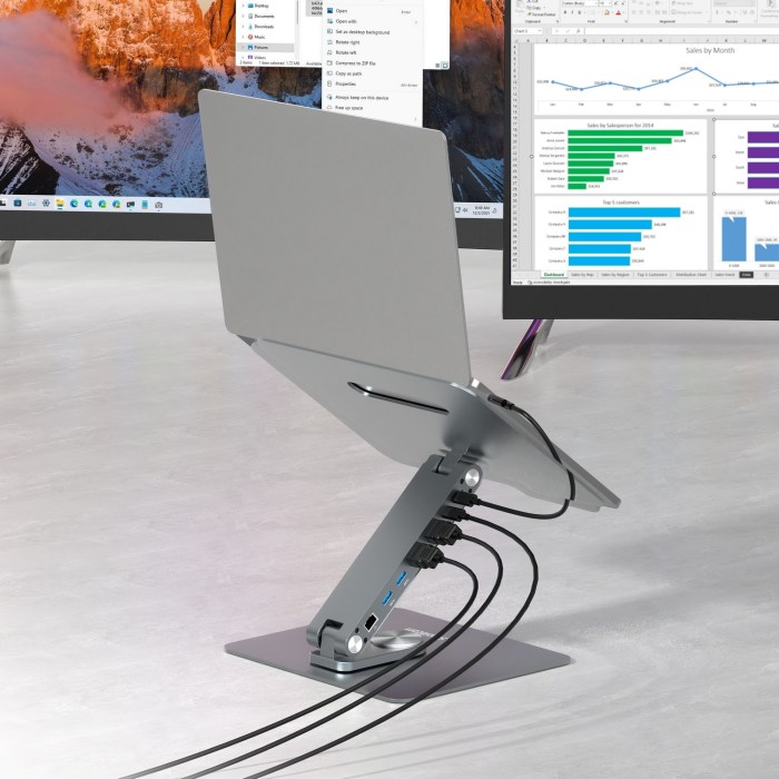 simplecom cht660 adjustable aluminium laptop stand with 6 port usb c docking station dual 4k hdmi display