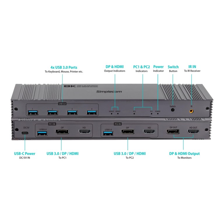 simplecom km490 hdmi and displayport dual monitor kvm switch for 2 computers with 4 port usb 3.0 hub 5gbps 8k@60hz simplecom km490 hdmi and displayport dual monitor kvm switch for 2 computers with 4 port usb 3.0 hub 5gbps 8k@60hz