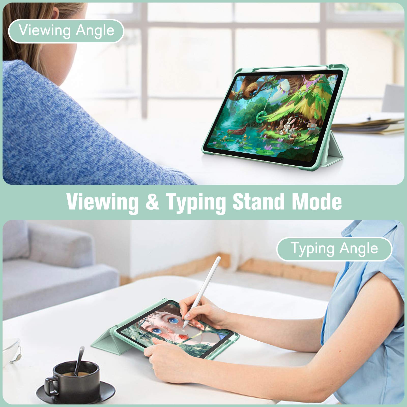 ipad 10th case 10.9 inch 2022 with pencil holder, smart ipad clear case with soft tpu auto wake sleep green