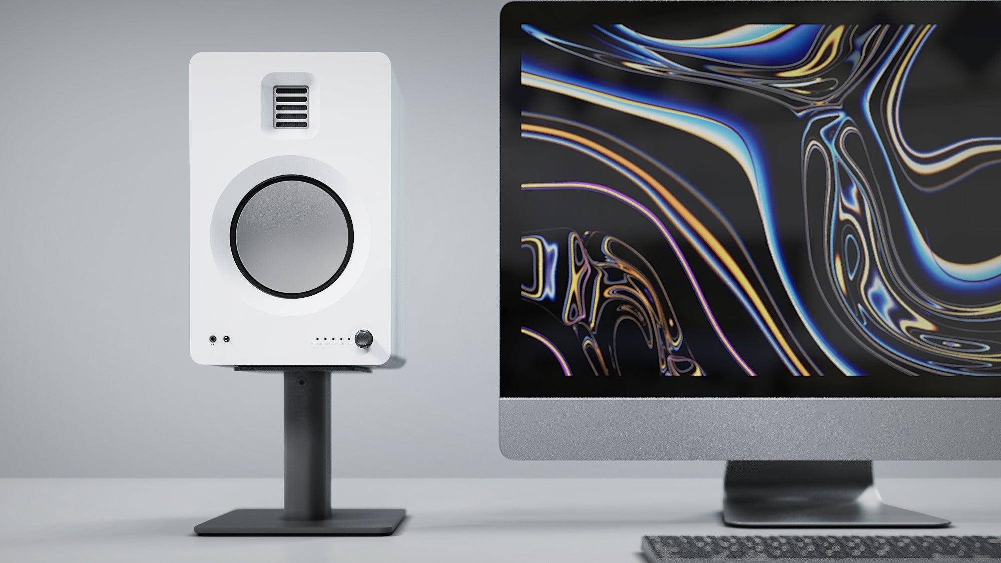 kanto tuk 260w powered bookshelf speakers with headphone out pair, matte white