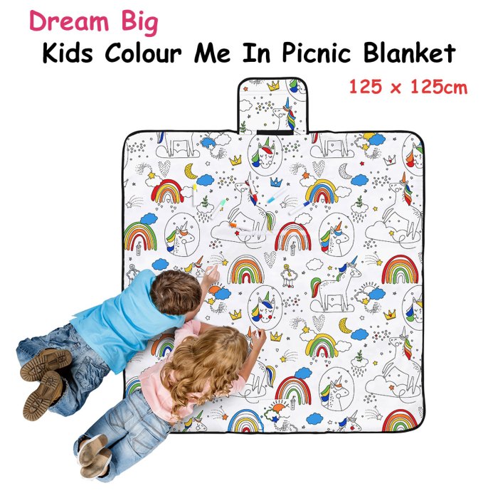 happy kids dream big colour me in picnic blanket 125 x 125 cm