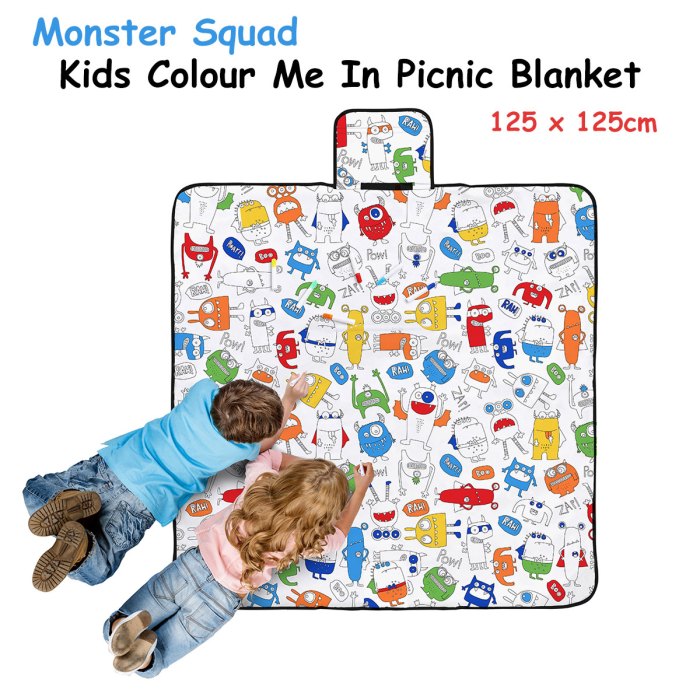 happy kids monster squad colour me in picnic blanket 125 x 125 cm