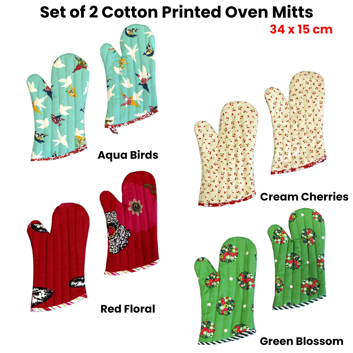 set of 2 100% cotton printed oven mitts 34 x 15 cm aqua birds