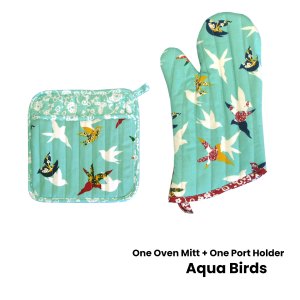 set of 100% cotton printed oven mitt + pot holder aqua birds set of 100% cotton printed oven mitt + pot holder aqua birds