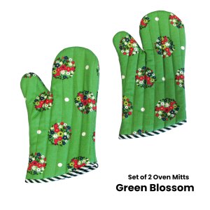 set of 2 100% cotton printed oven mitts 34 x 15 cm green blossom set of 2 100% cotton printed oven mitts 34 x 15 cm green blossom