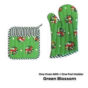 set of 100% cotton printed oven mitt + pot holder green blossom set of 100% cotton printed oven mitt + pot holder green blossom