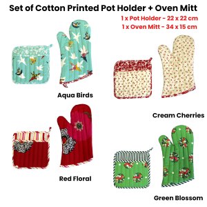 set of 100% cotton printed oven mitt + pot holder green blossom set of 100% cotton printed oven mitt + pot holder green blossom