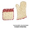 set of 100% cotton printed oven mitt + pot holder cream cherries