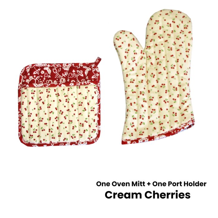 set of 100% cotton printed oven mitt + pot holder cream cherries