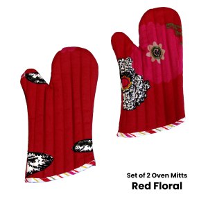 set of 2 100% cotton printed oven mitts 34 x 15 cm red floral set of 2 100% cotton printed oven mitts 34 x 15 cm red floral