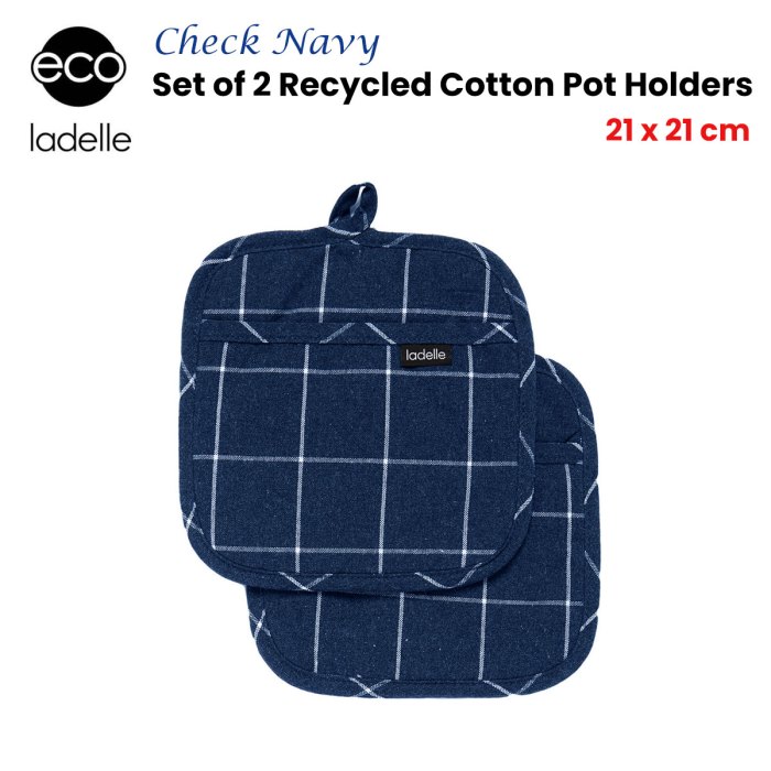 ladelle eco check navy set of 2 pot holders 21 x 21 cm ladelle eco check navy set of 2 pot holders 21 x 21 cm