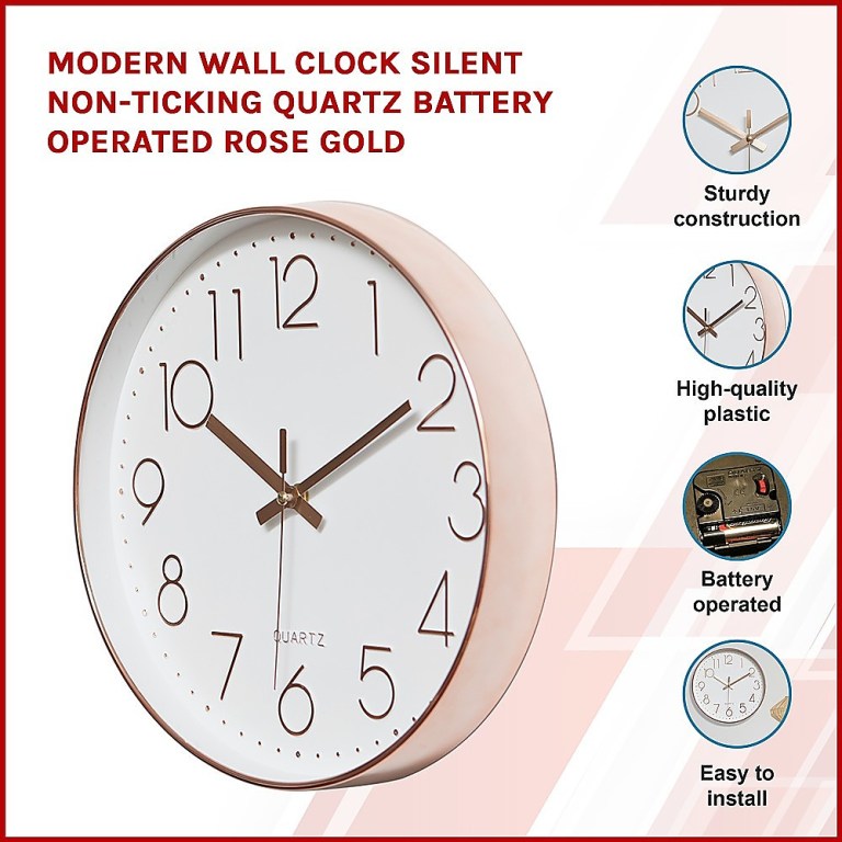 modern wall clock silent non ticking quartz battery operated rose gold