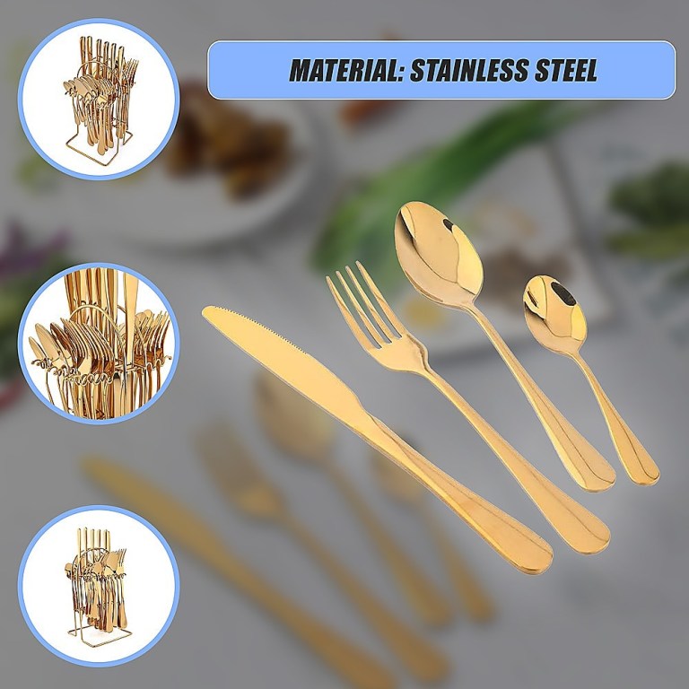 tableware 24pc gold cutlery set ss304 household knife fork spoon kitchen with storage rack dinner service