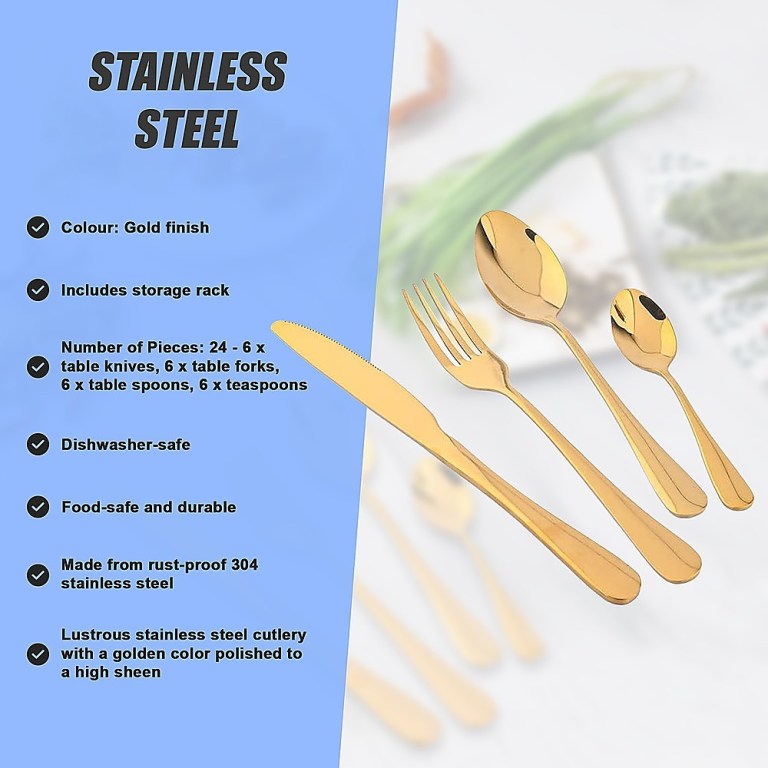 tableware 24pc gold cutlery set ss304 household knife fork spoon kitchen with storage rack dinner service