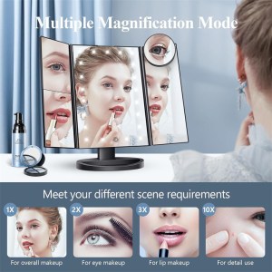 black tri fold lighted makeup mirror, 22 led vanity mirror with 1x/2x/3x/10x magnification, portable cosmetic mirror black tri fold lighted makeup mirror, 22 led vanity mirror with 1x/2x/3x/10x magnification, portable cosmetic mirror