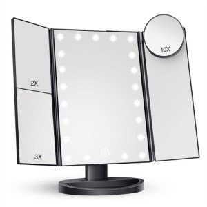 black tri fold lighted makeup mirror, 22 led vanity mirror with 1x/2x/3x/10x magnification, portable cosmetic mirror black tri fold lighted makeup mirror, 22 led vanity mirror with 1x/2x/3x/10x magnification, portable cosmetic mirror