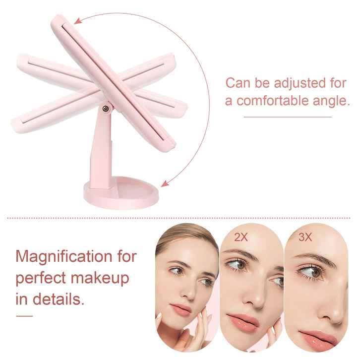 pink tri fold lighted makeup mirror, 22 led vanity mirror with 1x/2x/3x/10x magnification, portable cosmetic mirror