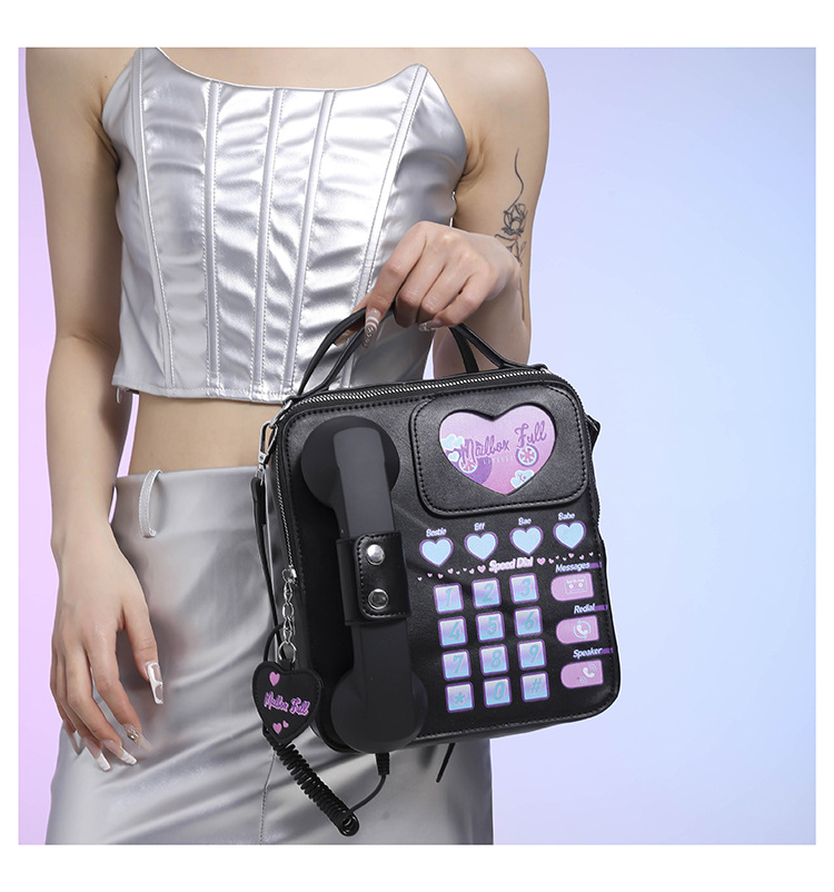 black sweet girl creative crossbody bag with telephone design, pu material, lightweight and unique black sweet girl creative crossbody bag with telephone design, pu material, lightweight and unique