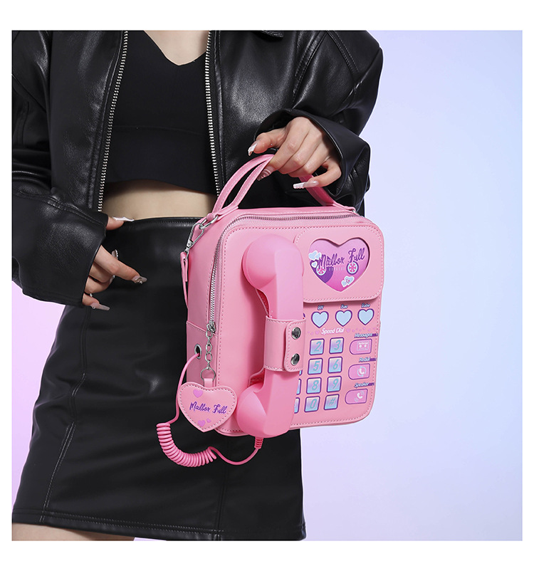 pink sweet girl creative crossbody bag with telephone design, pu material, lightweight and unique