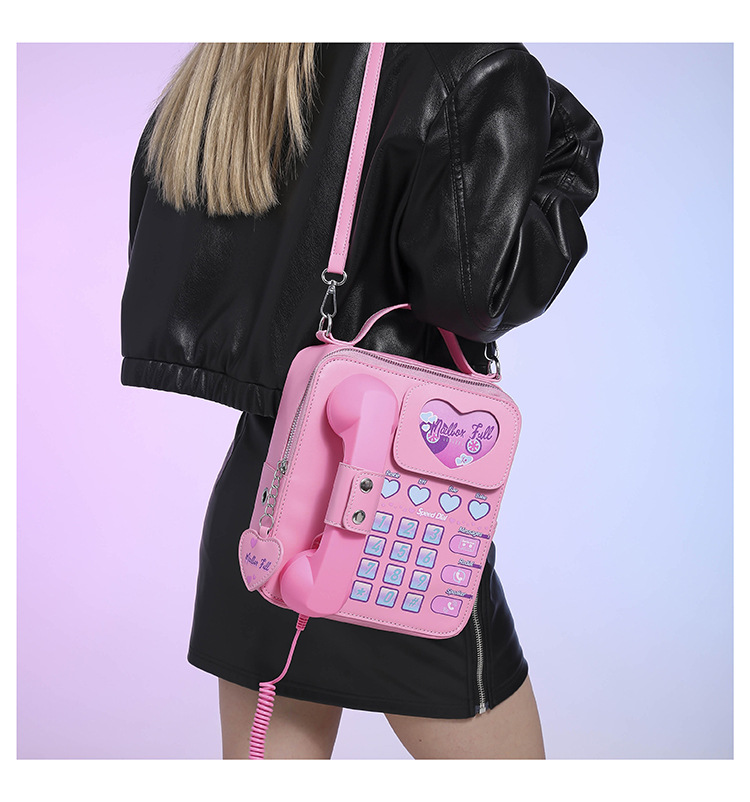 pink sweet girl creative crossbody bag with telephone design, pu material, lightweight and unique
