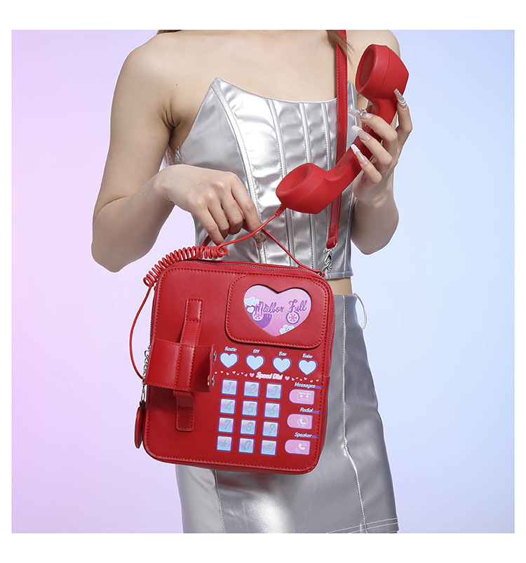 red sweet girl creative crossbody bag with telephone design, pu material, lightweight and unique