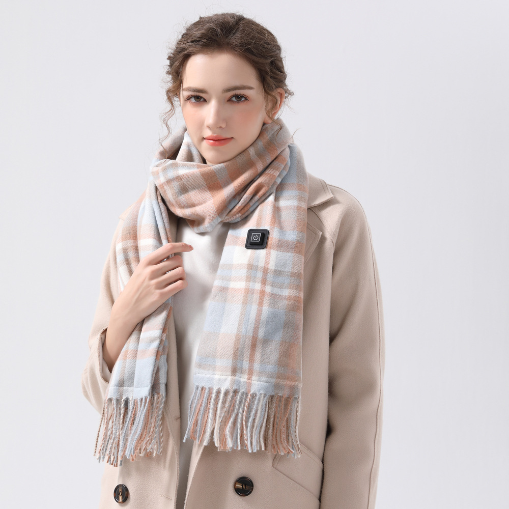 light blue plaid heated scarf electric warming scarf, winter outdoor essential (without power bank)