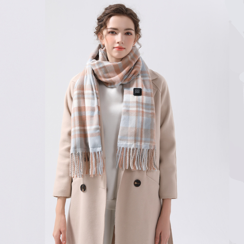 light blue plaid heated scarf electric warming scarf, winter outdoor essential (without power bank)