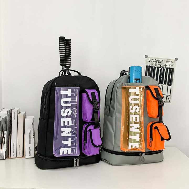 purple and black stylish sports backpack with contrast pockets unisex gym bag for badminton & tennis