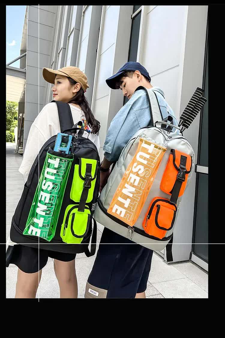 purple and black stylish sports backpack with contrast pockets unisex gym bag for badminton & tennis