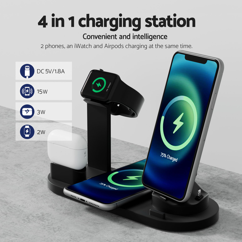 devanti 4 in 1 wireless charger multi function station for phone airpod iwatch 15w