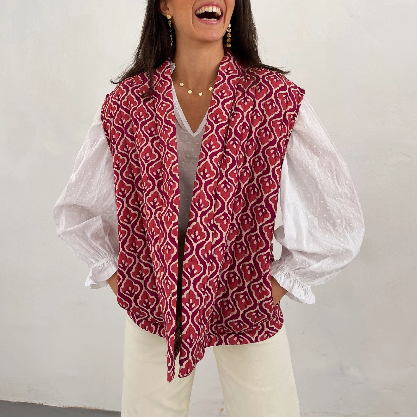 Women’s Warm Puffer Vest Fashion Print Sleeveless Open Front Cardigan Padded Coat Fall Outwear 2