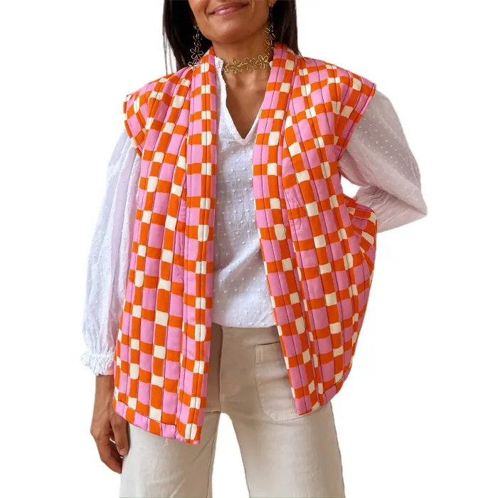 Women’s Warm Puffer Vest Fashion Print Sleeveless Open Front Cardigan Padded Coat Fall Outwear
