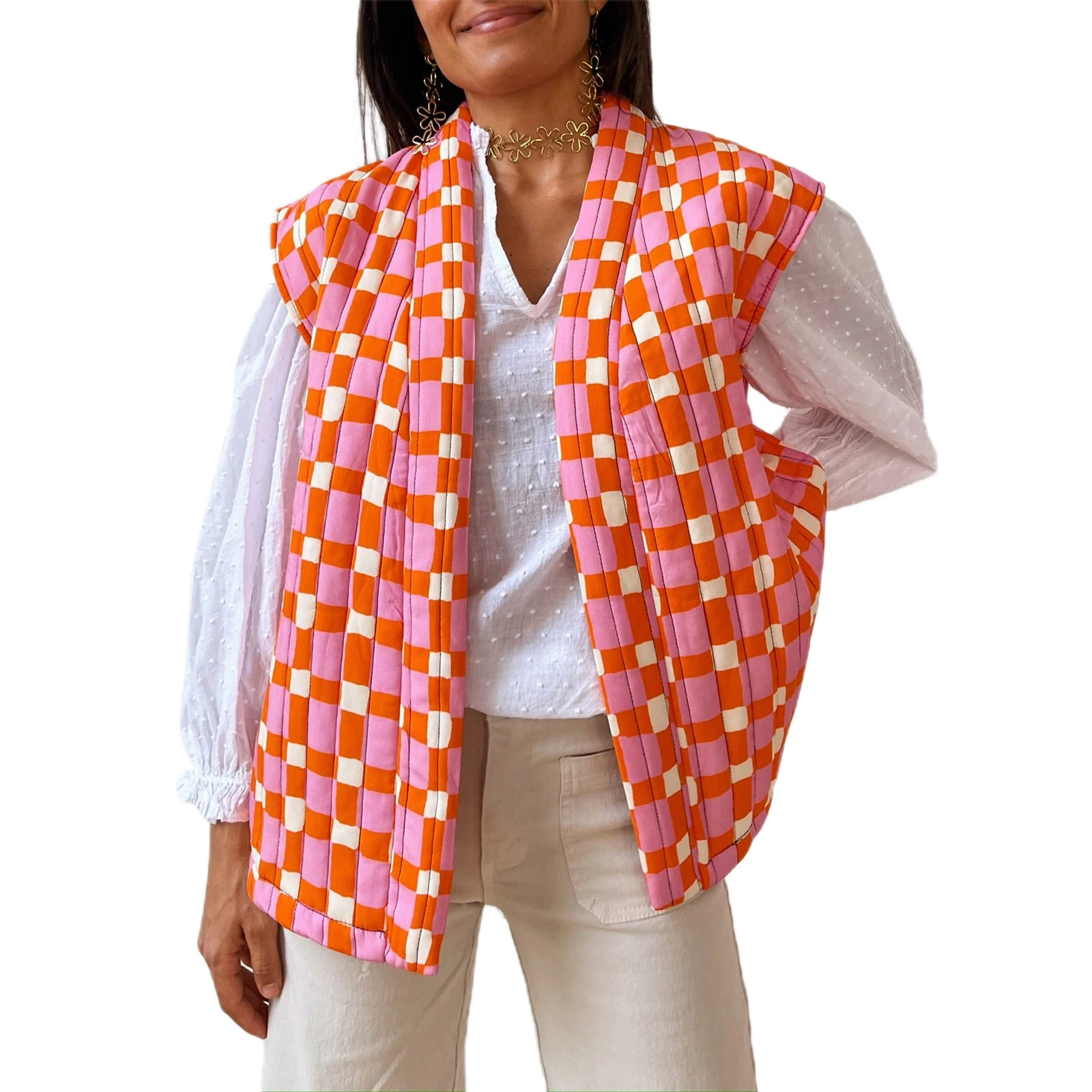 women’s warm puffer vest fashion print sleeveless open front cardigan padded coat fall outwear Women’s Warm Puffer Vest Fashion Print Sleeveless Open Front Cardigan Padded Coat Fall Outwear