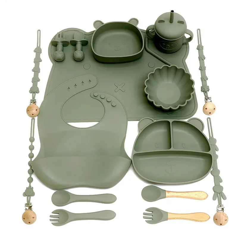 Children's feeding tableware set silicone tableware with suction cups fall-proof baby complementary compartment tableware set 5