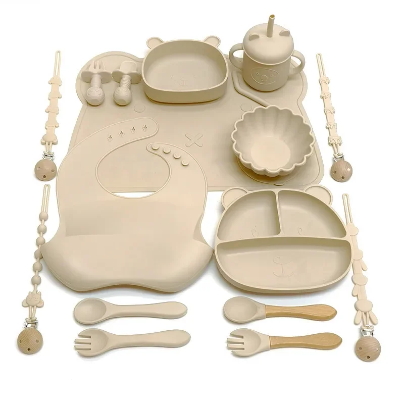 Children's feeding tableware set silicone tableware with suction cups fall-proof baby complementary compartment tableware set 1