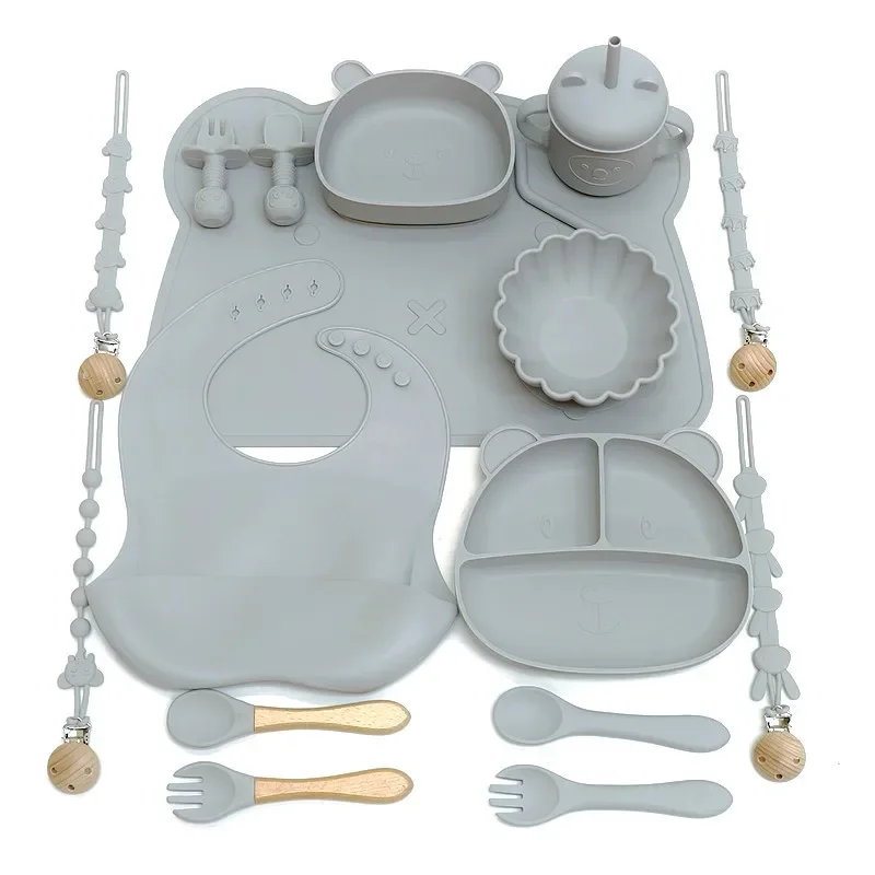 Children's feeding tableware set silicone tableware with suction cups fall-proof baby complementary compartment tableware set