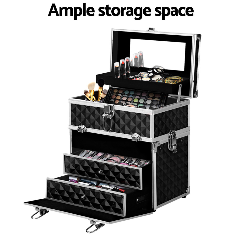 embellir portable cosmetic beauty makeup carry case with mirror diamond black