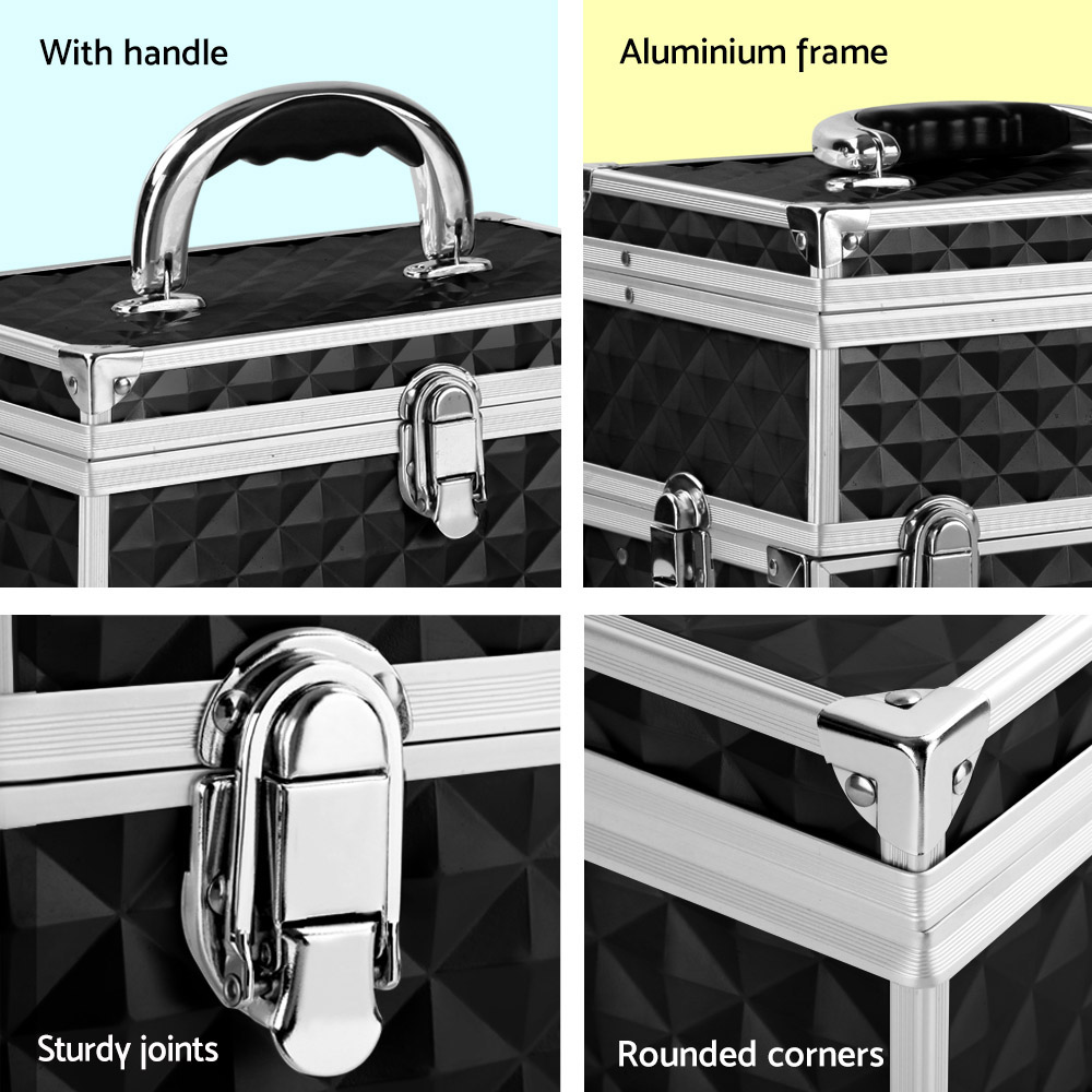 embellir portable cosmetic beauty makeup carry case with mirror diamond black