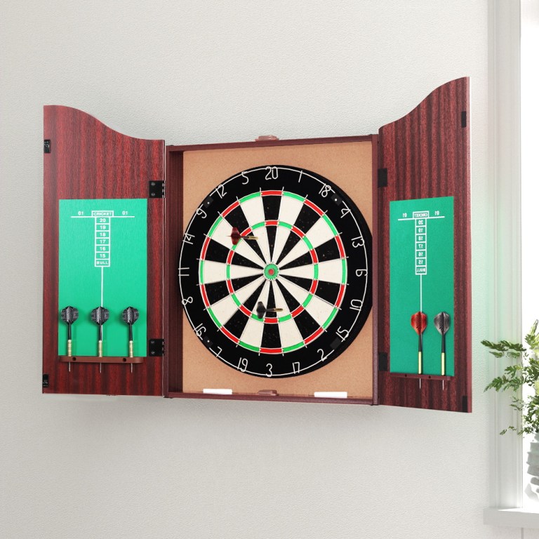18 dartboard dart board with steel darts wooden cabinet party game"
