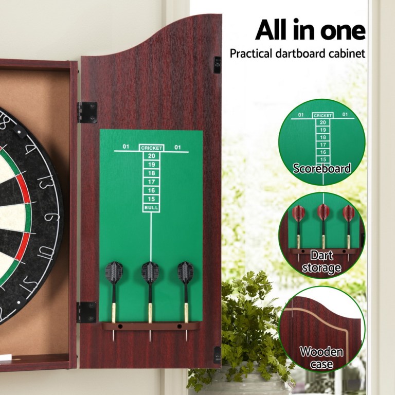 18 dartboard dart board with steel darts wooden cabinet party game"