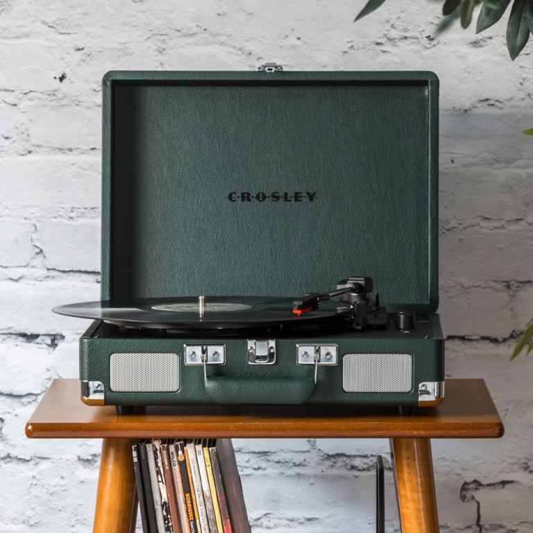 crosley cruiser bluetooth portable turntable emerald green + bundled crosley record storage display stand