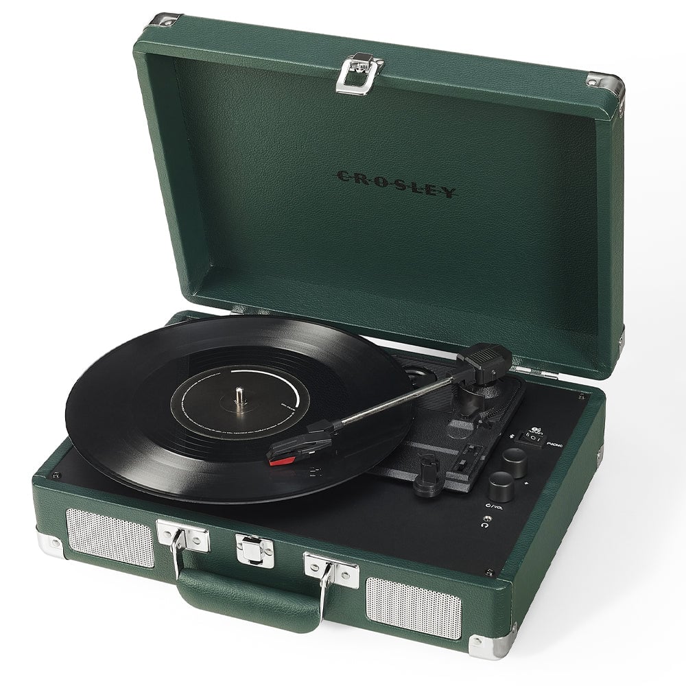 crosley cruiser bluetooth portable turntable emerald green + bundled crosley record storage display stand