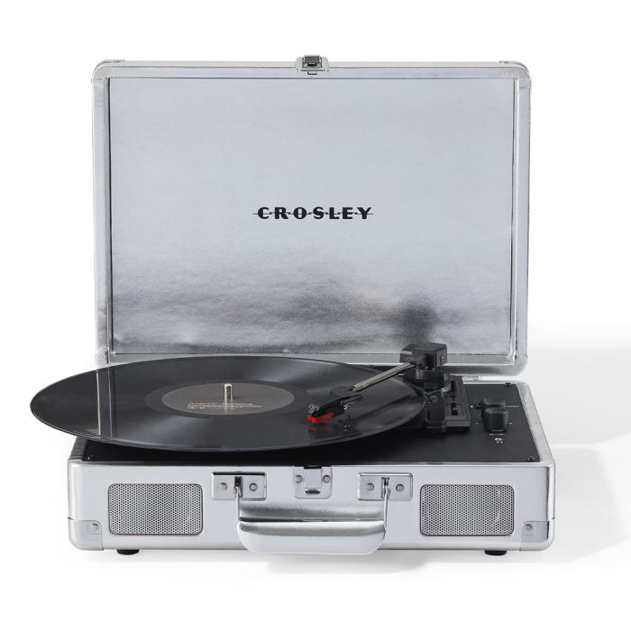 crosley cruiser bluetooth portable turntable silver + bundled crosley record storage display stand