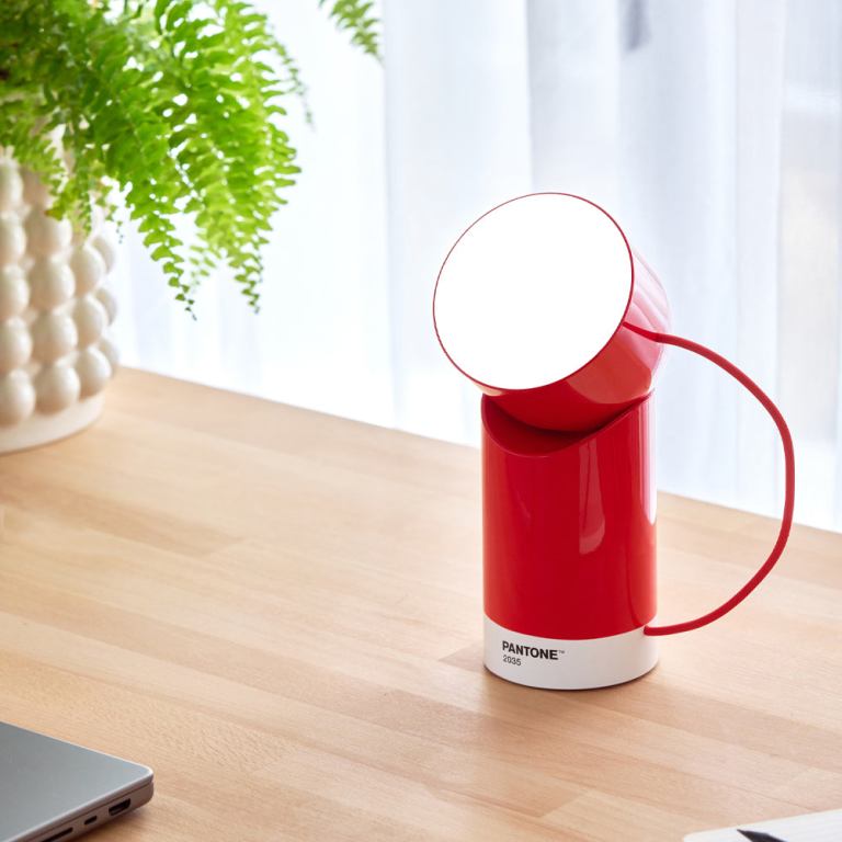 lexon orbe portable led lamp with moving head pantone 2035 red
