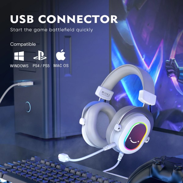 FIFINE RGB Gaming Headset with 7.1 Surround Sound/3-EQ/MIC,Over-ear Headphone with In-line Control for PC PS4 PS5 Ampligame-H6W 6
