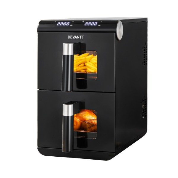 Dual basket air fryer cooking chips and chicken
